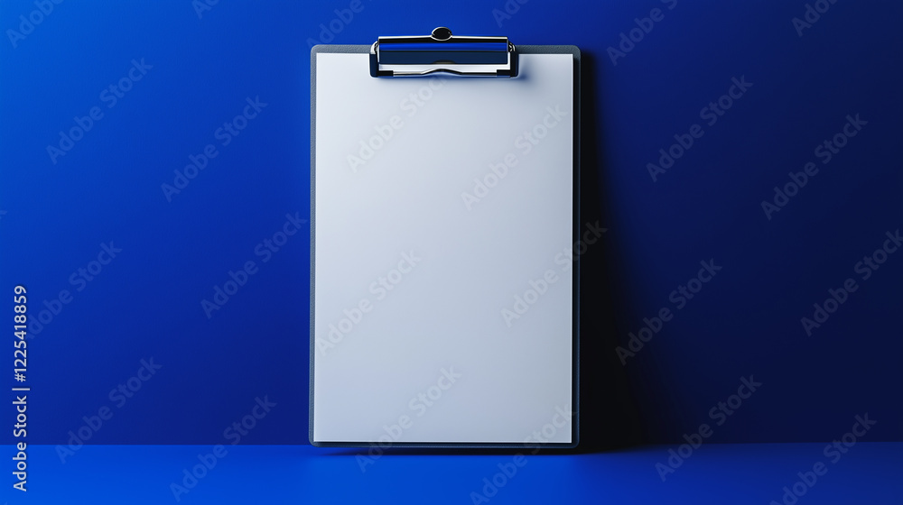 Poster a gray clipboard set against a royal blue background with diffused lighting creating a clean and pro