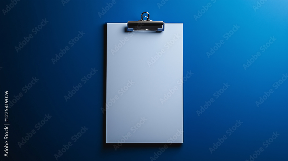 Poster a gray clipboard set against a royal blue background with diffused lighting creating a clean and pro