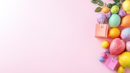 Pastel fruits, shopping bags, pink background;  fresh healthy food concept; website banner