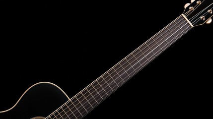 Fototapeta premium Black electric guitar with gold neck and visible guitar chords on a wooden surface