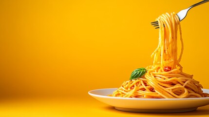 Delicious spaghetti twirling on a fork from a plate.