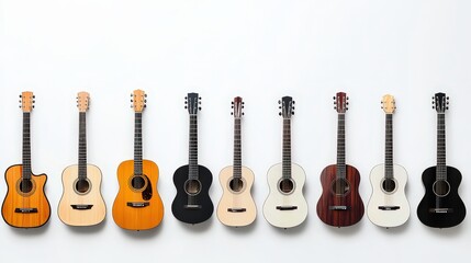 Naklejka premium Row of various guitars displayed against a clean white background with visible guitar chords