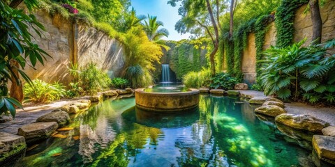 Serene Oasis Picturesque Waterfall Cascading into a Tranquil Pond Surrounded by Lush Greenery and Stonework