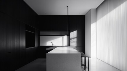 A black and white kitchen with a white countertop and a black sink