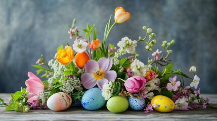Easter floral arrangement with painted eggs and spring flowers
