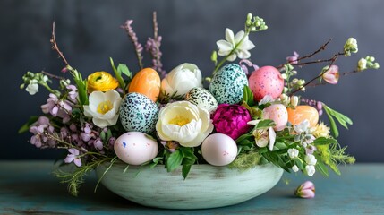 Easter floral arrangement with painted eggs and spring flowers