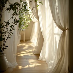 Sunlight filters through sheer white curtains casting shadows on a light wood floor and plant