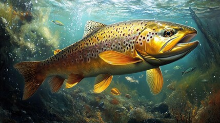 Naklejka premium A magnificent brown trout swimming in pristine waters is depicted in this picture, which also features a vivid undersea scene that highlights the beauty of the natural world and aquatic life