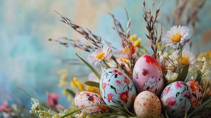 Easter floral arrangement with painted eggs and spring flowers