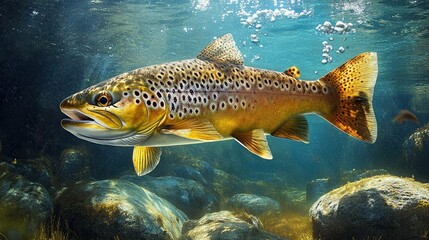 A magnificent brown trout swimming in pristine waters is depicted in this picture, which also features a vivid undersea scene that highlights the beauty of the natural world and aquatic life