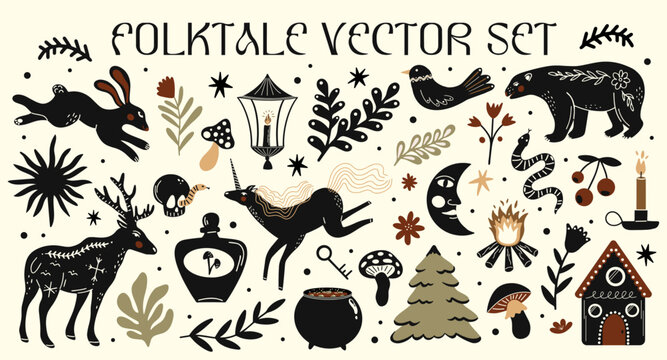 Abstract woodland folk tale animals, flowers, plants vector elements. Scandi ethnic vintage illustrations of bird, unicorn, deer, bear, hare, rabbit, snake, leaf branches silhouette stickers design