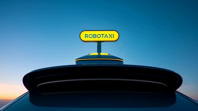 Futuristic Robotaxi Sign on Top of a Self-Driving Vehicle at Dusk
