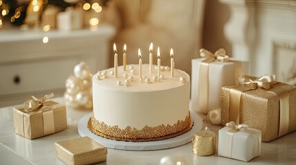 A lavish white and gold cake accompanied by candles and presents for a wedding or birthday celebration