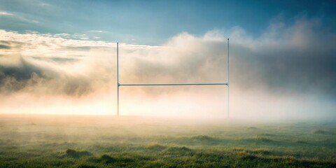 Serene sunrise mist shrouds an empty rugby field, goalposts standing tall in the ethereal morning light.