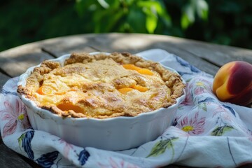 A summery peach cobbler on a picnic table with a floral cloth