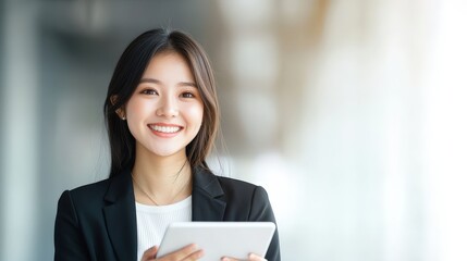 Businesswoman in a suit holding a tablet while smiling in a modern office environment
