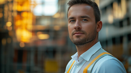 Fototapeta premium A composed male engineer with short, neat hair, wearing a white button-up shirt and a reflective vest