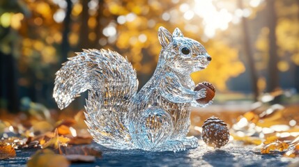 Fototapeta premium Crystal Squirrel Holding Acorn Autumn Scene