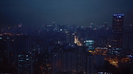 Obraz premium Night cityscape, hazy skyline, urban sprawl, background lights, website banner