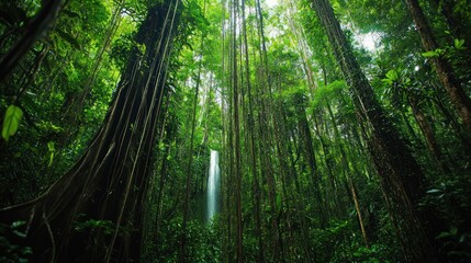 Obraz premium Lush Rainforest Waterfall Hidden Deep Within Verdant Canopy