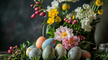 Easter floral arrangement with painted eggs and spring flowers