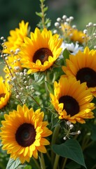 Fototapeta premium A stunning bouquet of vibrant sunflowers stands tall, their golden petals glowing under the warm sunlight. This cheerful arrangement, accented by delicate white flowers, radiates joy and positivity