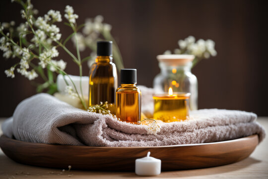 Wooden tray with spa essentials: essential oils, bath salts, and soft towels, warm bokeh