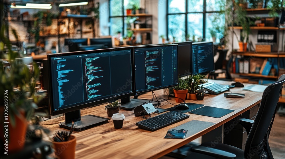 Poster modern office workspace with coding monitors and plants