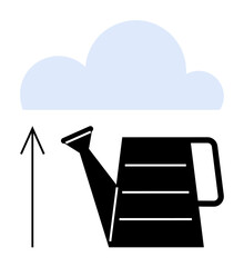 Cloud with watering can and arrow pointing upward representing growth and nurturing concept. Ideal for sustainability, environment, agriculture, gardening, investment, progress, and innovation
