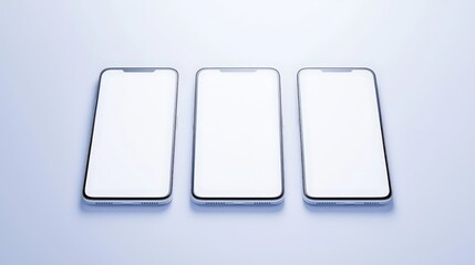 Three white smartphones arranged on a blue background showcasing a realistic mockup collection