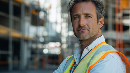 Fototapeta premium A composed male engineer with short, neat hair, wearing a white button-up shirt and a reflective vest