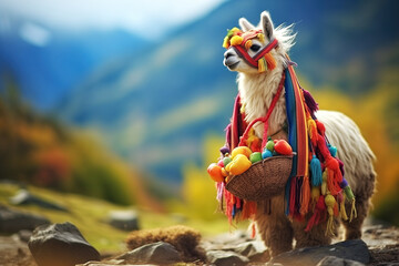 A llama in a festive scarf carrying a basket of heart-shaped fruits, vibrant mountain bokeh