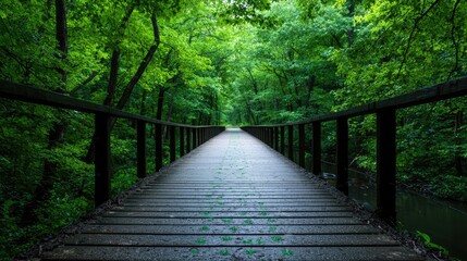 Obraz premium Wooden bridge path through lush green forest