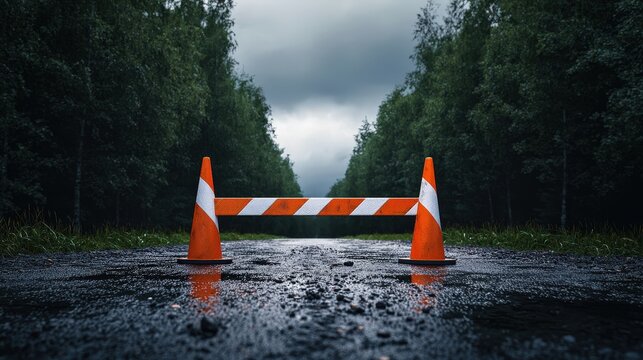 Wet road with traffic cones and road closed barricade during rainy weather conditions