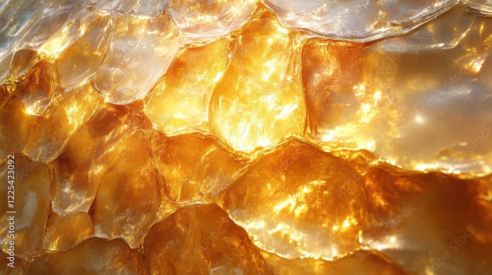 Poster close-up view of shimmering honeycomb displaying warm hues of amber and gold under soft light in a n