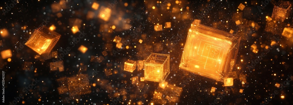 Poster glowing cubic structures float in dark space