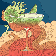 illustration mojito cocktail and ocean waves, mix of pop art and retro design styles