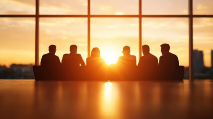 Silhouette of business team meeting around a table with collaborative discussion and idea exchange