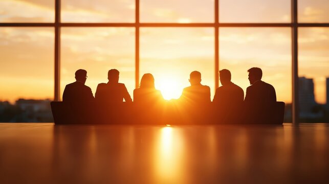 Silhouette of business team meeting around a table with collaborative discussion and idea exchange