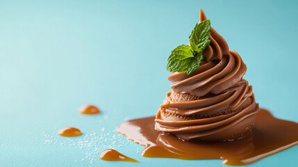 A decadent swirl of caramel sauce on a scoop of chocolate gelato, styled with a sprig of mint, isolated on pastel blue background