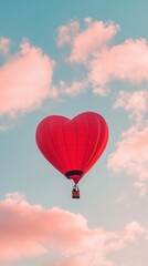Fototapeta premium Red heart-shaped hot air balloon floating among soft pink clouds at sunset on vertical background with copy space. 