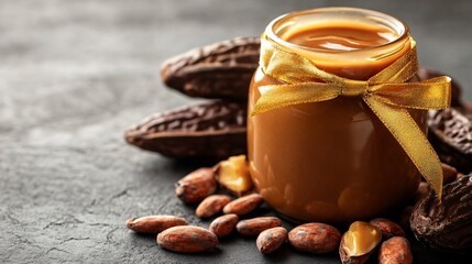 A luxurious caramel sauce jar wrapped in gold ribbon, surrounded by cocoa beans, isolated on a textured gray surface