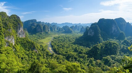 Obraz premium Lush Green Valley Surrounded By Karst Mountains Under A Clear Sky
