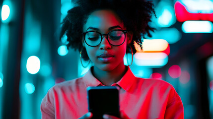 Young professional using smartphone in vibrant urban setting