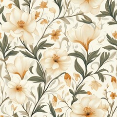 Soft floral pattern featuring cream and orange flowers with delicate green leaves on a light background. Generative AI