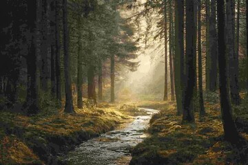 Obraz premium Serene forest landscape with a flowing stream, sunlight filtering through trees, evoking tranquility