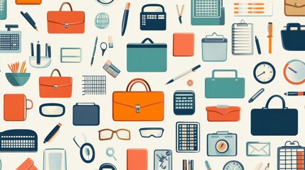 Fototapeta premium Business Tools Pattern, Pastel Colored Icons of Business Essentials On Light Background.