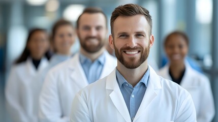 Fototapeta premium Confident Diverse Medical Team Posing in Lab Coats at Hospital or Lab