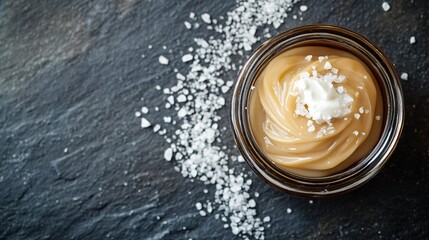 A rustic jar of caramel sauce placed next to fresh cream, with a sprinkle of sea salt, isolated on a slate surface