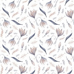 Fantasy flowers pattern for fabric design, beautiful plants wallpaper design, flowers print, floral seamless pattern, digital watercolor